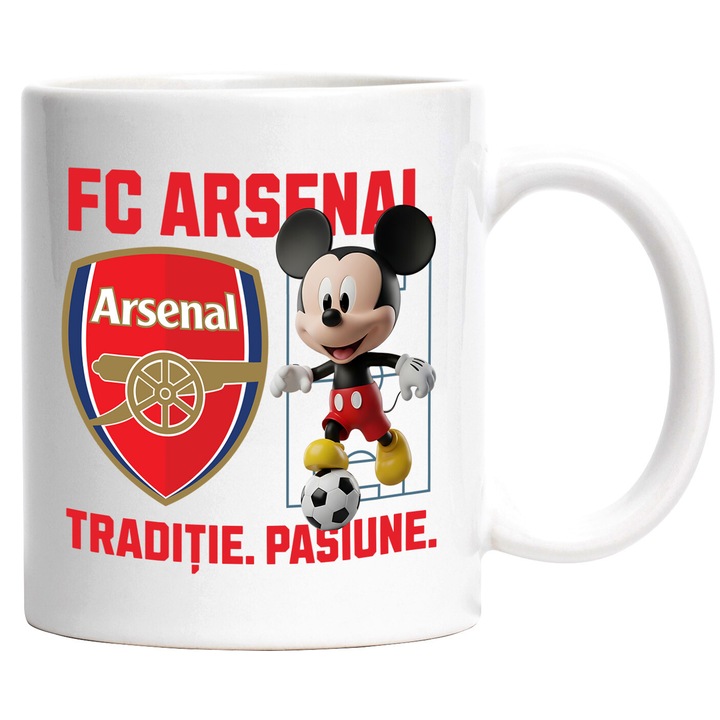 Cana cu Mickey Mouse, si Echipa de Fotbal FC Arsenal, Ceramica, 330ML, Cu Maner si Interior Alb