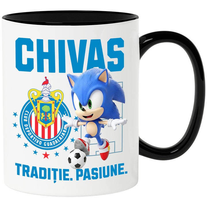 Cana cu Sonic, si Echipa de Fotbal Chivas, Ceramica, 330ML, Cu Maner si Interior Negru
