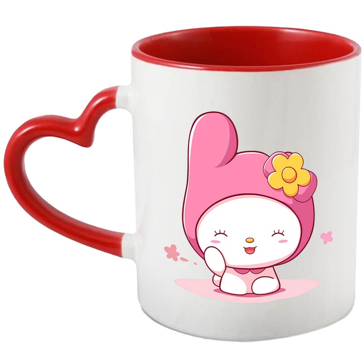 Cana Cu My Melody – Fluturi Magici Pe Nori – Prietenie, Emotie si Curaj, Ceramica, 330ML, Cu Maner Inima Rosie si Interior Rosu