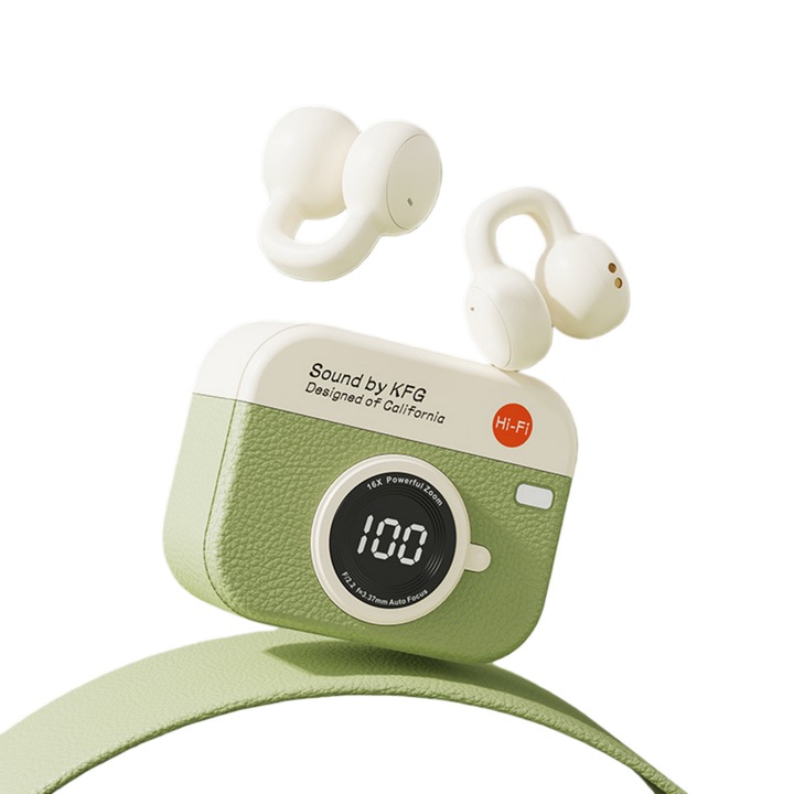 Casti wireless retro, verde, design inspirat de camere, anulare activa a zgomotului, autonomie 36 ore