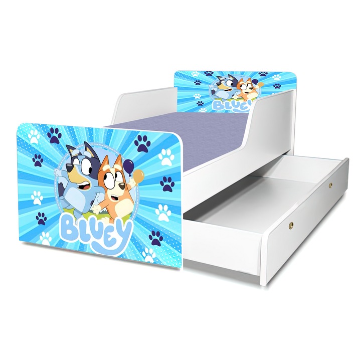 Pat Bluey, 140x70 cm, cu sertar, protectie si saltea inclusa