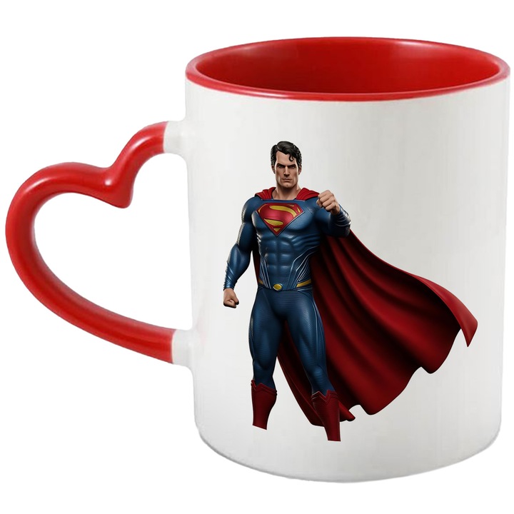 Cana Cu Superman Aventuri Curajoase Zbor Inalt Salvatorul Lumii Puteri si Dreptate, Ceramica, 330ML, Cu Maner Inima Rosie si Interior Rosu