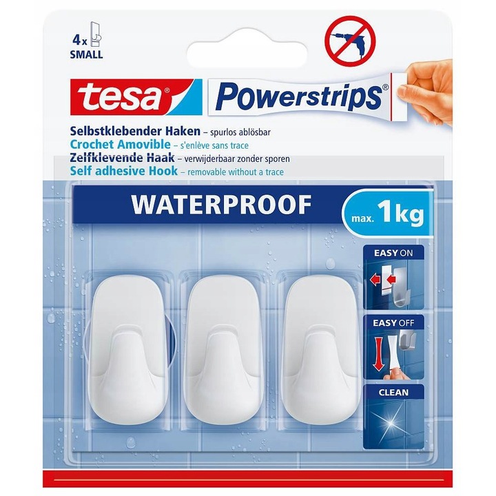 Carlige autoadezive de baie Tesa POWERSTRIPS WATERPROOF, set 3 bucati, alb, 1 kg, 23x10x40mm