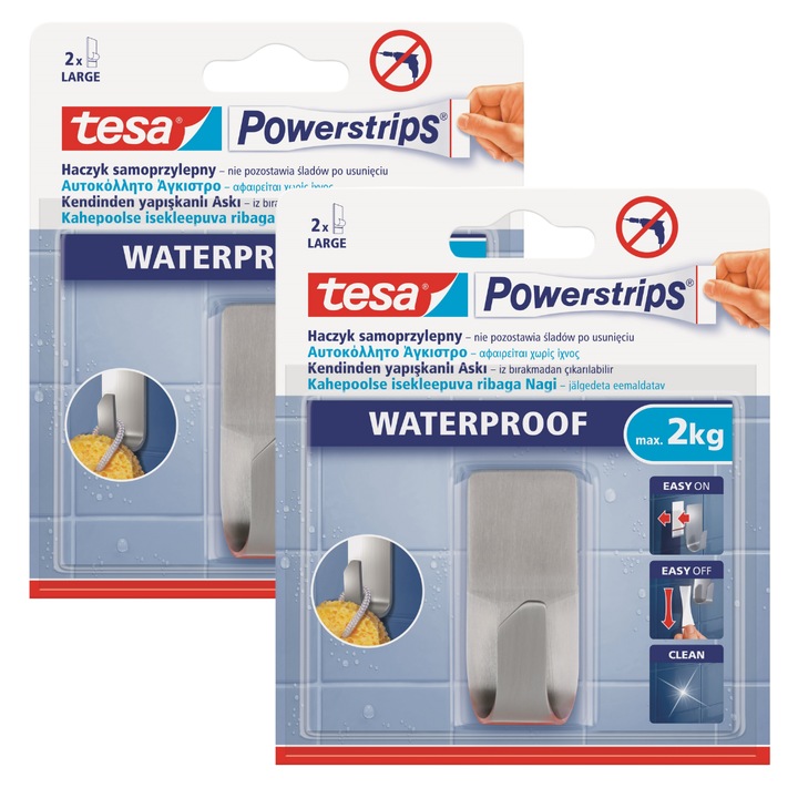 Carlig autoadeziv pentru baie Tesa, metalic, waterproof, 2 kg, 27x60x24mm, argintiu, set 2 buc.
