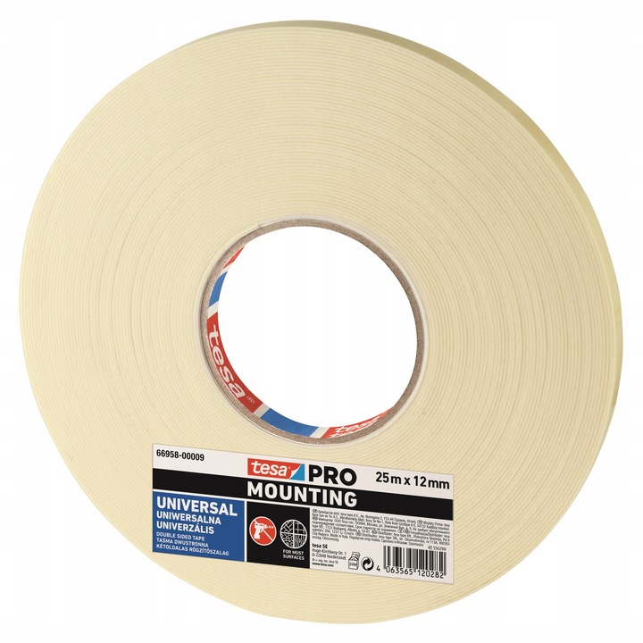 Banda dublu adeziva Tesa PRO Mounting 25m x 12mm, rezistenta la temperaturi, alba