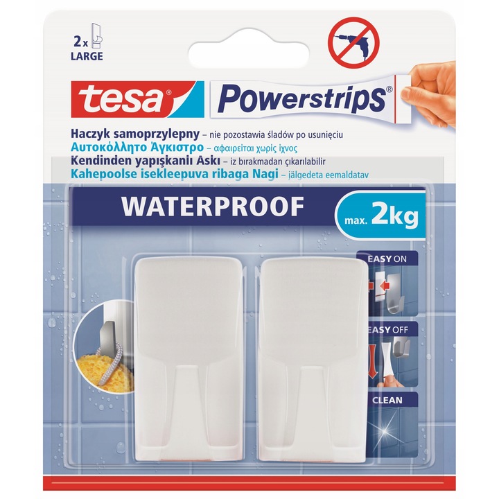 Carlige autoadezive de baie Tesa POWERSTRIPS Waterproof set 2 bucati, alb, 32x61x19mm