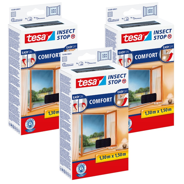 Moskitiera pentru fereastra Tesa COMFORT set x3, 1,3m x 1,5m, neagra