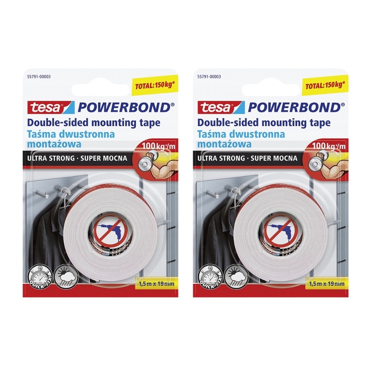 Banda dublu adeziva Tesa POWERBOND ULTRA STRONG 1,5m x 19mm, set 2 bucati, alb