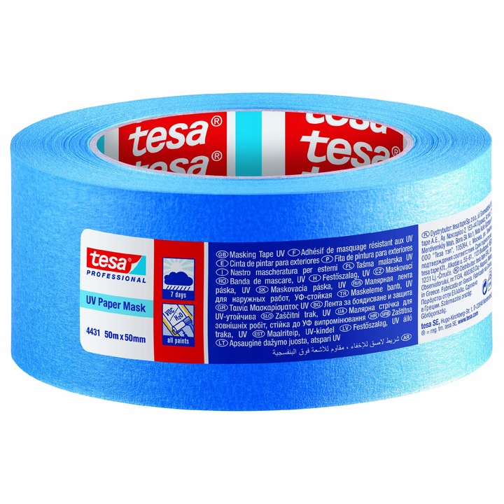 Banda mascata pentru vopsit Tesa, 50m x 50mm, rezistenta la UV, albastra
