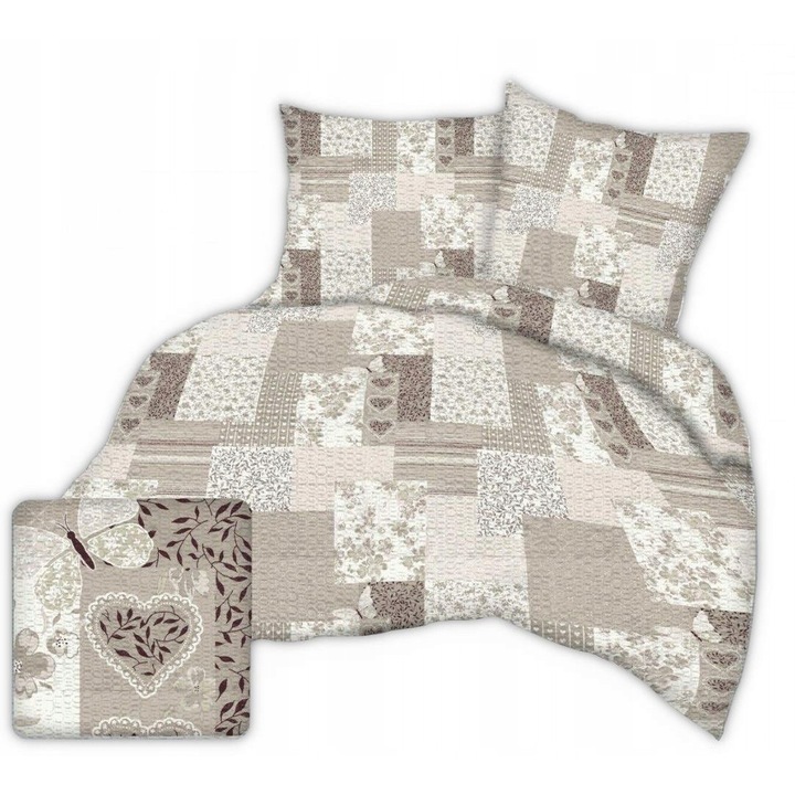 Lenjerie de pat FAN bumbac finet 160x200 cm, bej, model patchwork inimi, set 1 husa pilota, 2 fete perna