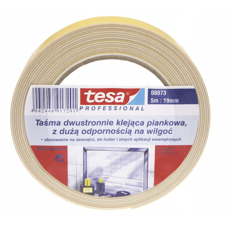 Banda dublu adeziva pentru montaj oglinzi sticla Tesa, 5m x 19mm, alb, rezistenta la umiditate