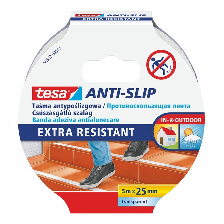 Banda antiderapanta Tesa, 5m x 25mm, transparenta, rezistenta la umiditate si UV