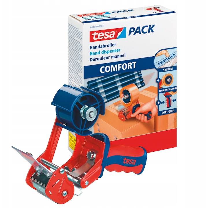 Dispenser pentru banda adeziva, Tesa, rosu-albastru, 220x220x60mm