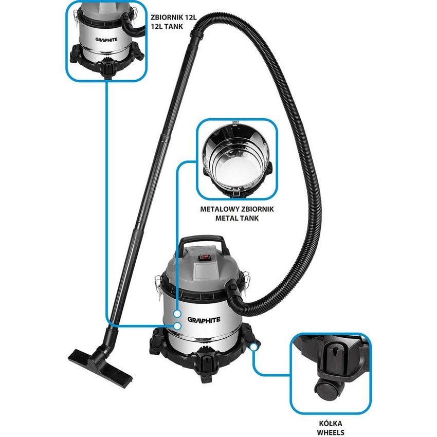 Aspirator industrial Graphite 800W, 12L, inox, 32mm, 2m
