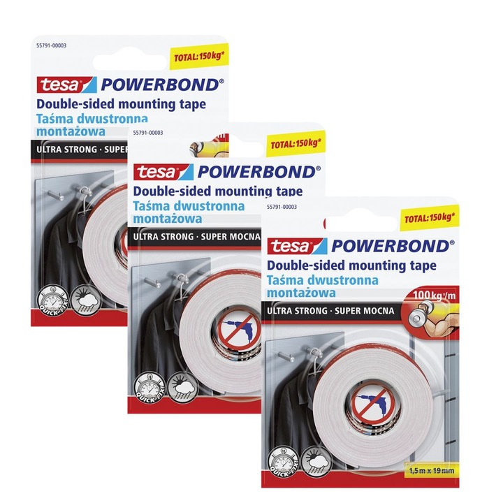 Двустранна лента Tesa POWERBOND ULTRA STRONG, 1,5м x 19мм, комплект 3 броя, бяла