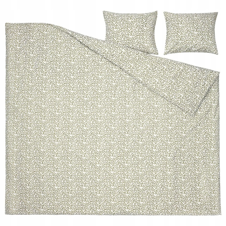 Комплект спално бельо IKEA SORGMANTEL, бял/зелен, 200x200 см, памук и рециклиран полиестер