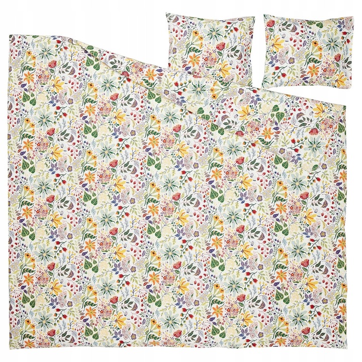 Set lenjerie pat IKEA STRANDLUMMER, floral multicolor, husa pilotă 200x200 cm, 2 fețe de pernă 50x60 cm