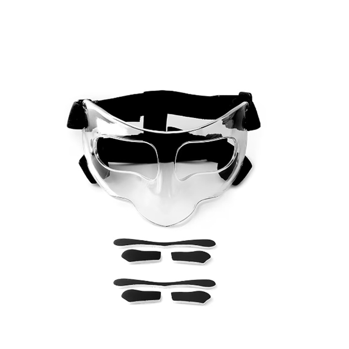 Masca de protectie sportiva, Rqiurpn, policarbonat, ajustabila, neagra/transparenta, set cu tampoane de spuma