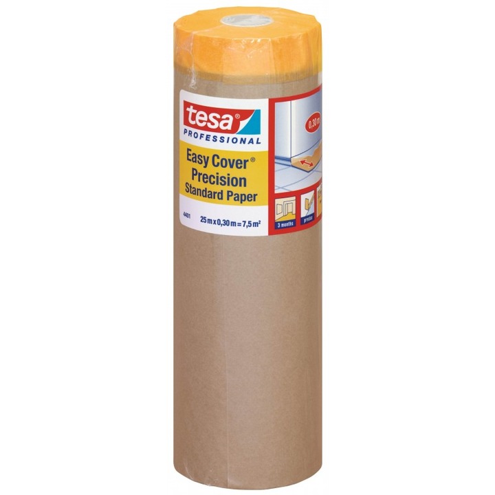 Hartie de mascare cu banda adeziva Tesa Easy Cover, 25mx0,3m, pentru suprafete netede si usor texturate