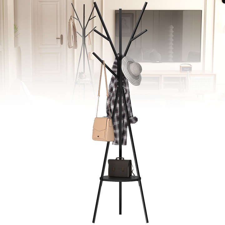 Faszék típusú fogas, Wacorresi, 1 polccal, 8 kampóval, stabil, modern, ruhákhoz, kalapokhoz, sálakhoz, Fekete