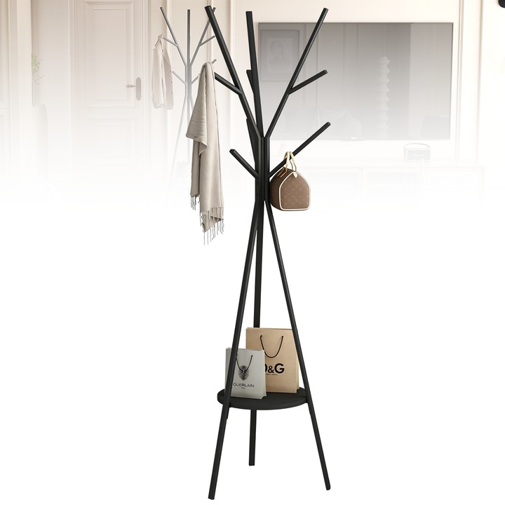 Cuier tip pom, Wacorresi, cu 1 polite, 8 carlige, stabil, modern, pentru haine, palarii, esarfe, Negru