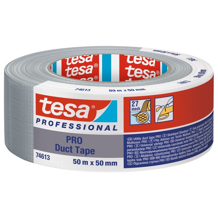 Banda adeziva Tesa Duct Tape 50m x 50mm, argintie, rezistenta la apa