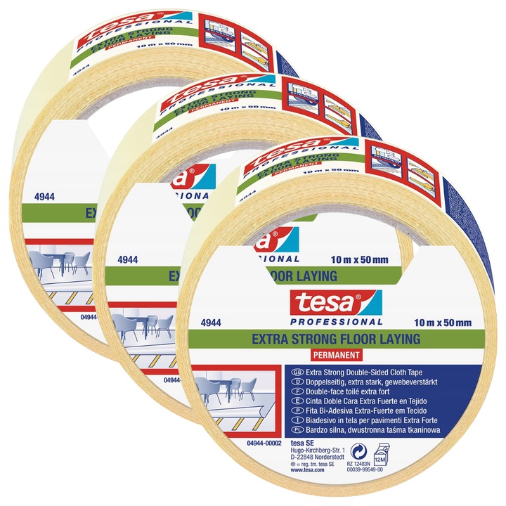Двустранна лента Tesa, 10м x 50мм, комплект 3 броя, бяла, устойчива на влага