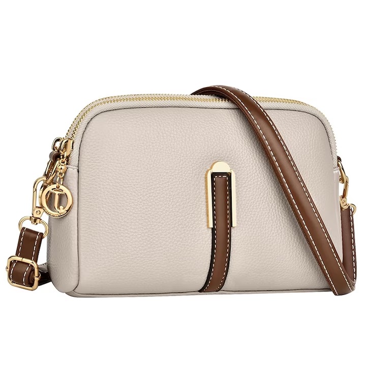 Geanta de dama Inhwatek, crossbody, cu fermoare metalice, bej, 22x8x15cm