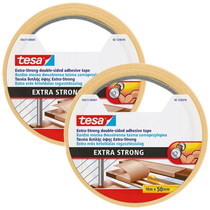 Banda antiderapanta pentru covoare Tesa Extra Strong, 10m x 50mm, set 2 bucati, alb