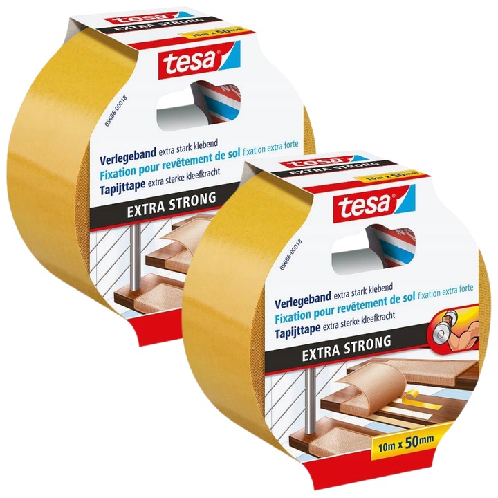Banda dublu adeziva Tesa Extra Strong, 10m x 50mm, set 2 bucati, alb