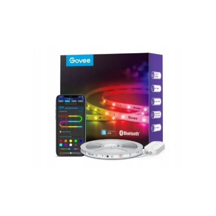 Banda LED RGBIC Govee 10M BT, 16 milioane culori, 11 moduri muzicale, multicolor