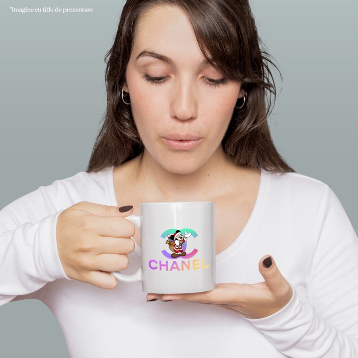 Cana Cu Mickey si Minnie, Cu Textul "Chanel" - Design 36, Ceramica, 330ML, Cu Maner si Interior Alb