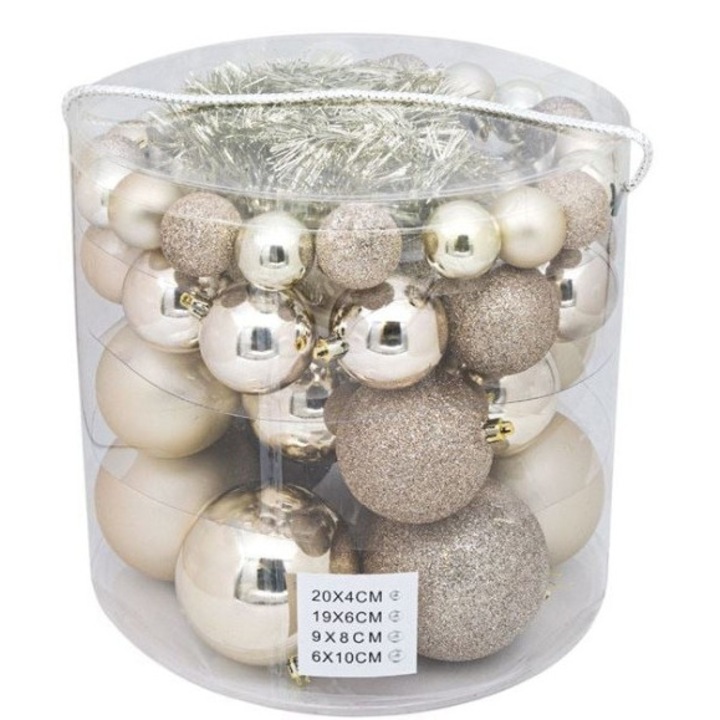 Set Globuri AB HOMES Craciun, Bej Mat/Stralucitor/Glitter, 4–6–8–10 cm, 54 buc, Decor Elegant Brad