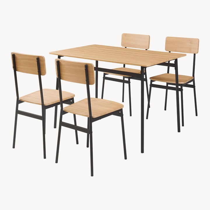 [en.casa] Étkezőgarnitúra 1 asztal és 4 szék Pollenev 110 x 70 x 75 cm MDF acél tölgyfa hatású fekete