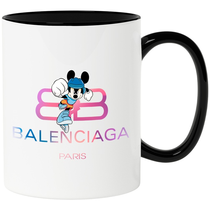 Cana Cu Mickey si Minnie, Cu Textul "Balenciaga Paris" - Design 55, Ceramica, 330ML, Cu Maner si Interior Negru