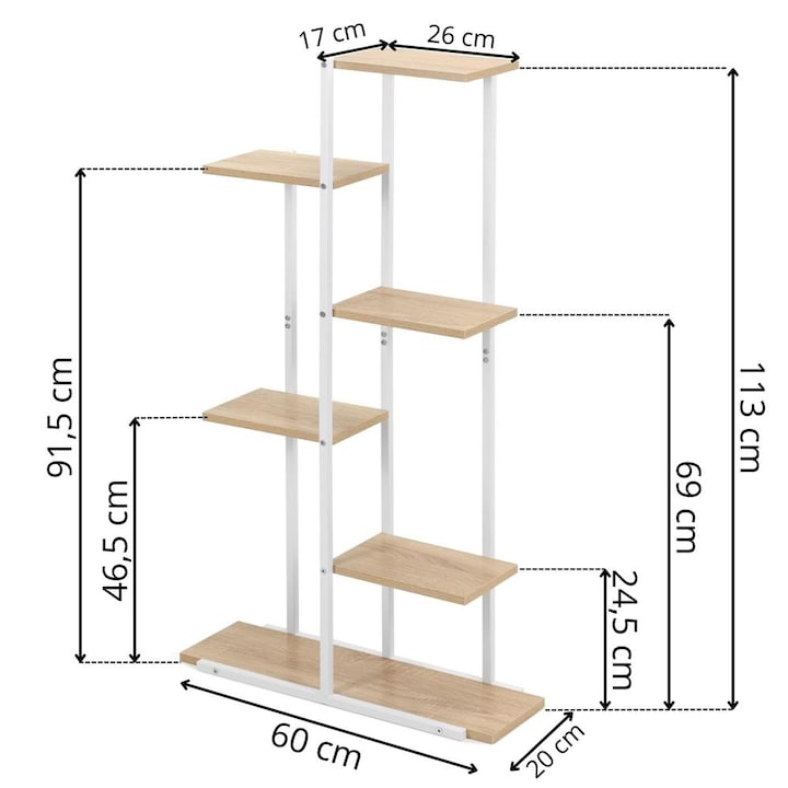 Fém és MDF polc 6 polccal, 60x20x113 cm, fehér és barna