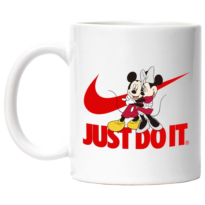 Cana Cu Mickey si Minnie, Cu Textul "Nike Just Do It" - Design 59, Ceramica, 330ML, Cu Maner si Interior Alb