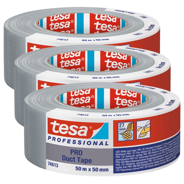 Banda adeziva Tesa, 3 seturi, 50m x 50mm, argintie, rezistenta la apa