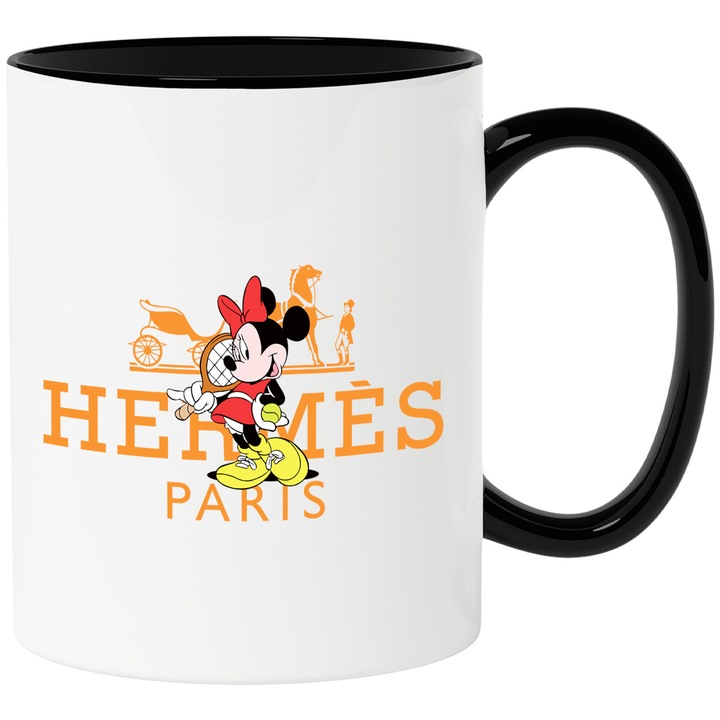 Cana Cu Mickey si Minnie, Cu Textul "Hermes Paris" - Design 66, Ceramica, 330ML, Cu Maner si Interior Negru