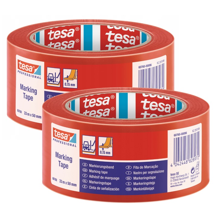 Сигнална лента Tesa, 33м x 50мм, червена, комплект от 2 броя