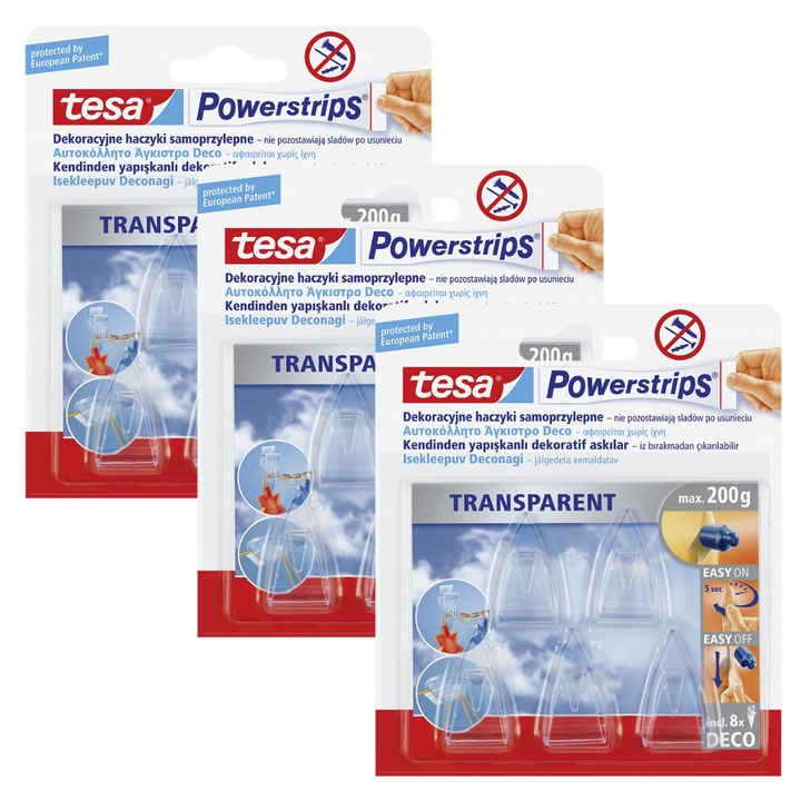 Carlige autoadezive pentru decoratiuni luminoase Tesa, transparent, set 5 bucati x 3, 19x34x14mm