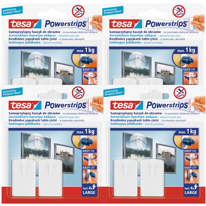 Carlige adezive pentru tablouri rame Tesa POWERSTRIPS set 2 buc, 4 pachete, alb, 27x44x8mm