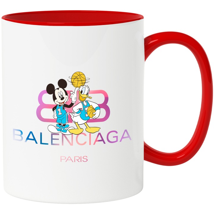 Cana Cu Mickey si Minnie, Cu Textul "Balenciaga Paris" - Design 80, Ceramica, 330ML, Cu Maner si Interior Rosu