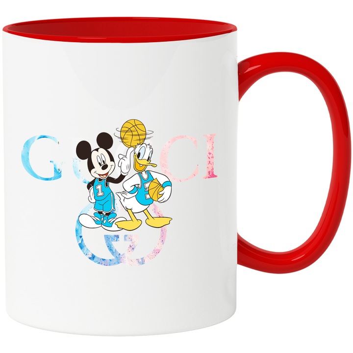 Cana Cu Mickey si Minnie, Cu Textul "Gucci" - Design 80, Ceramica, 330ML, Cu Maner si Interior Rosu