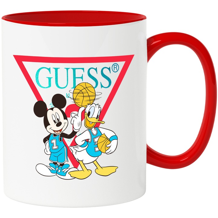 Cana Cu Mickey si Minnie, Cu Textul "Guess" - Design 80, Ceramica, 330ML, Cu Maner si Interior Rosu
