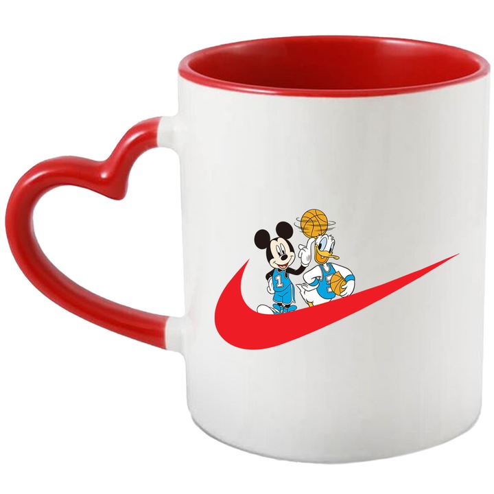 Cana Cu Mickey si Minnie, Cu Textul "Nike" - Design 80, Ceramica, 330ML, Cu Maner Inima Rosie si Interior Rosu