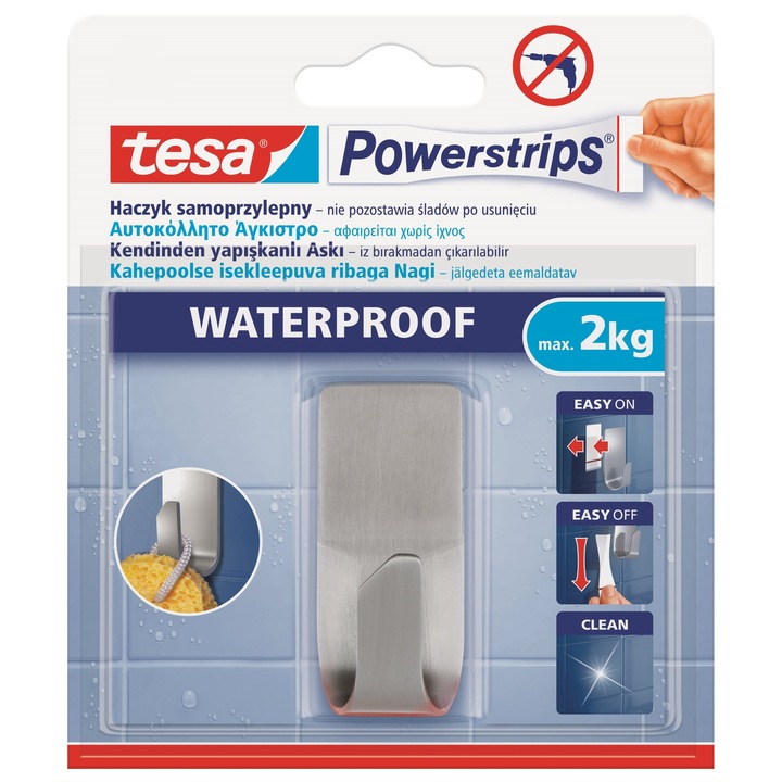 Carlig metalic autoadeziv Tesa, waterproof, 2kg, 27x60x24mm, argintiu