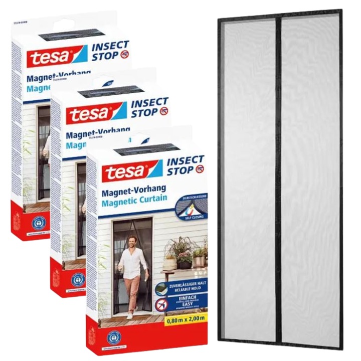 Plasa magnetica Tesa pentru usi, 0,9x2,1m, neagra, set 3 bucati