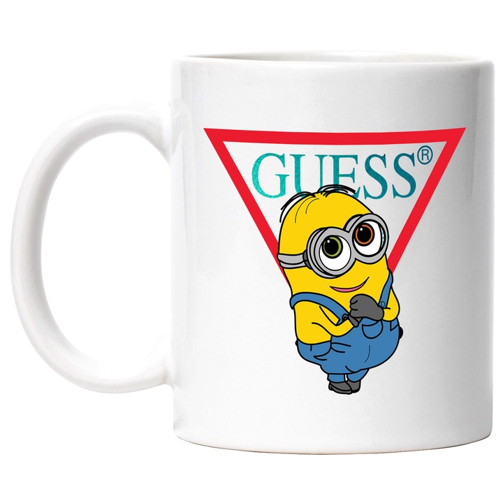 Cana Cu Minion, Cu Textul "Guess" - Design 5, Ceramica, 330ML, Cu Maner si Interior Alb