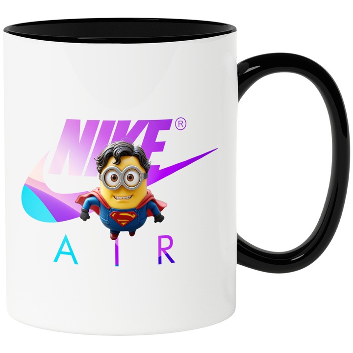 Cana Cu Minion, Cu Textul "Nike Air" - Design 7, Ceramica, 330ML, Cu Maner si Interior Negru